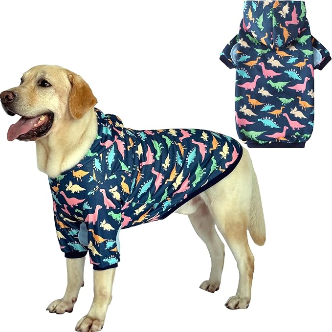 Dog Hoodie Pullover Sweatshirts Soft and Stretch Pets Clothes Navy Dinosaur Hooded for Medium Large Dogs（Navy Dinosaur L）