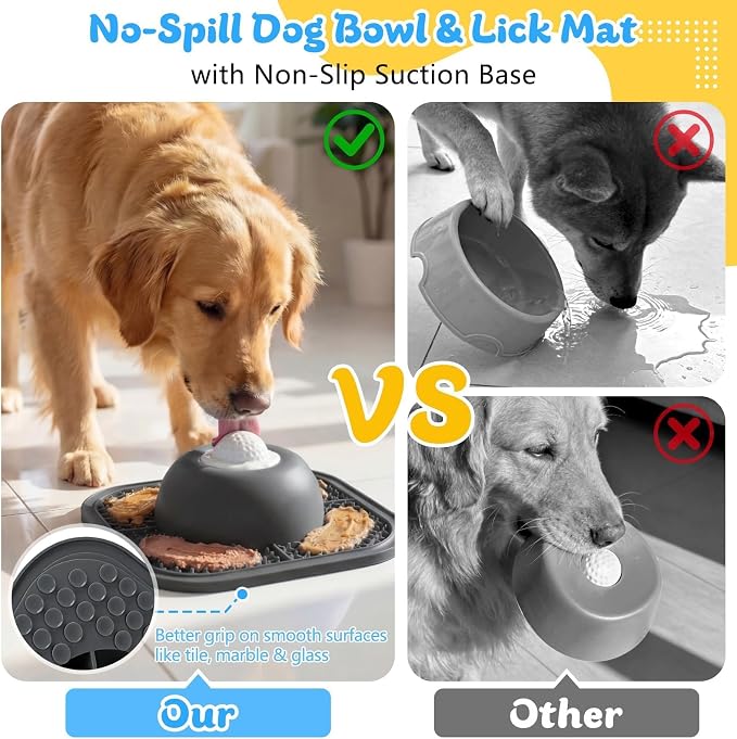 Slow Feeder Dog Bowls & Lick Mat for Liquid and Thick Treat, Anti-Slip Dog Lick Bowl with Interactive Rolling Ball, 5/6 Cup Pup Licking Toy for Large Medium Small Dogs and Cats Gray