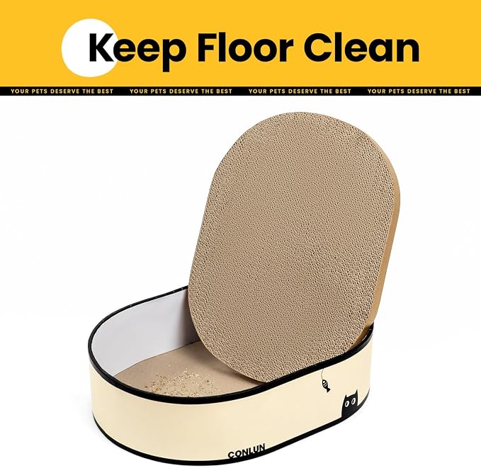 Conlun Oval Cat Scratcher Box with 4 Scratching Pads | Medium | Corrugated Cardboard | Reversible Design | Protects Furniture | Enclosed Bottom | Mess-Free Lounge Bed for Indoor Cats
