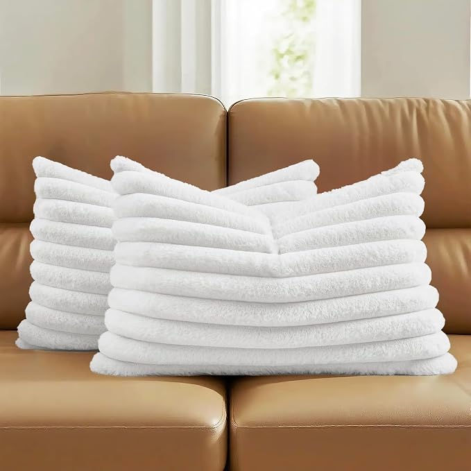 FUTEI Pack of 2 Faux Fur Throw Pillow Covers 12x20 Inch, White | Fluffy Faux Rabbit Fur Front/Premium Velvet Back,Hidden Zipper,Machine Washable,Non-Shedding,Colorfast,Insert Not Included.
