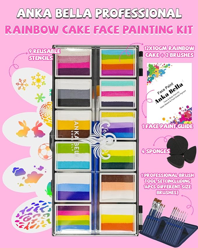 Anka Bella Professional Face Painting Kit for Kids,Rainbow Cake Face Paint with Stencil(12x10gm),Non-Toxic Water Based Face Paint Palette for Birthday Parties/Halloween/Carnival