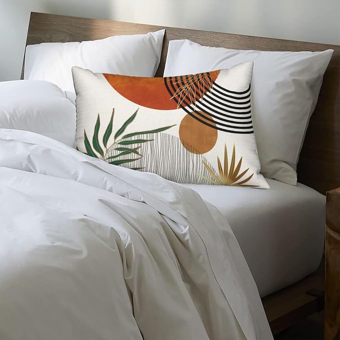 Boho Pillow Covers 12x20 Set of 2 Green Gold Orange Throw Pillows Tropical Leaves Sunset Modern Mid Century Decorative Pillowcase Outdoor Bohemian Linen Cushion Case for Couch Sofa Bed Decor