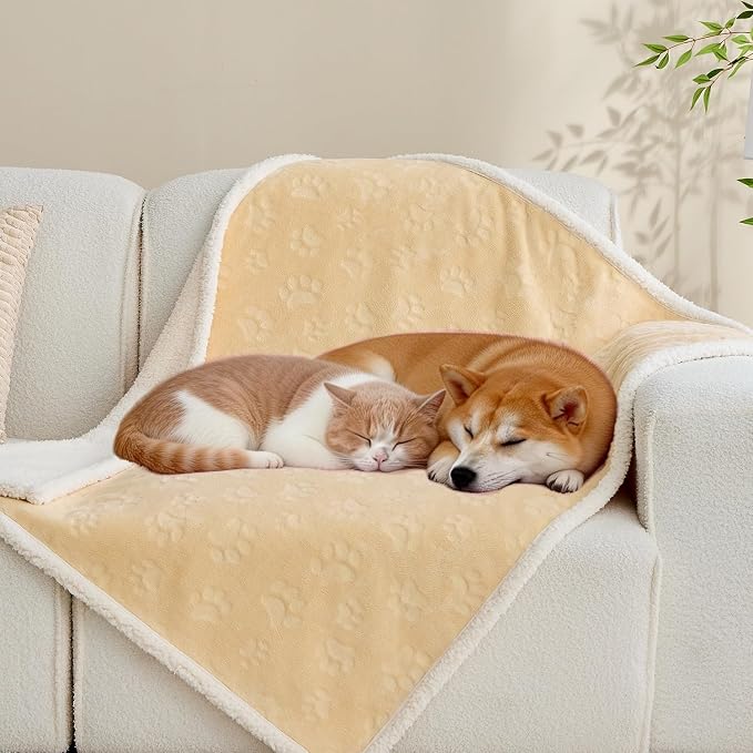 Pet Blankets for Cats - Waterproof Cat Blanket Washable - Sherpa Fleece Puppy Blanket, Soft Plush Reversible Throw Protector for Bed Couch Car Sofa, 25"X30", Khaki