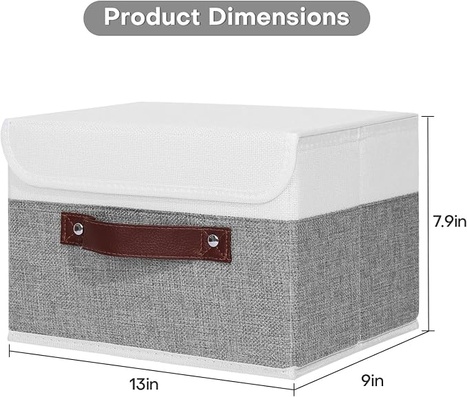 ANMINY Fabric Storage Box Bins with Lids, Gray White, 13"x9"x7.9", 2 Pack | Keepsake Memory Storage, Cotton Linen, PP Board Reinforced, Washable, PU Handles, Foldable & Stackable, Decorative, Medium