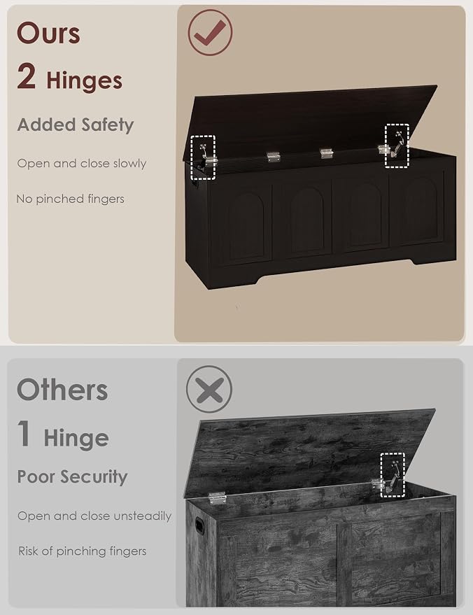 Storage Chest, Wooden Toy Box, Espresso 47.2" L | Entryway Shoe Bench, 2 Soft-close Hinges, Finger-safe Flip-Top Lid, Easy Assembly, Farmhouse Large Trunk, Living Room/Bedroom