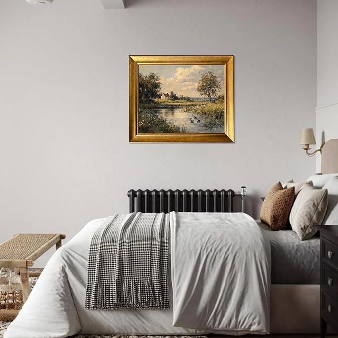 Gold Framed Vintage River Landscape Wall Art With Ducks Cottage Core Artwork Country Landscape Canvas Print for Living Room Bedroom Bathroom Decor