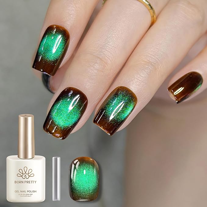 BORN PRETTY Cat Magnetic Eye Gel Nail Polish,Brown Green Glitter Fall Winter Holographic Magnetic Gel Polish Nail Polish Art Manicure Salon DIY at Home 15ML