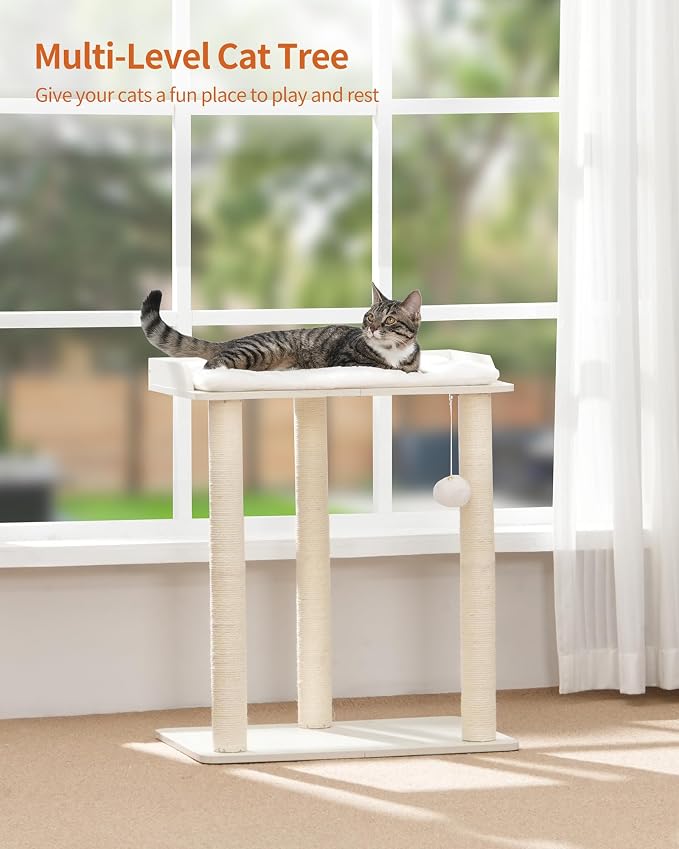 26.7in Large Cat Tree Tower Condo, Cat Scratch Posts for Indoor Cats, Big Plate, Three 23.6in Full Sisal Scratching Posts, White