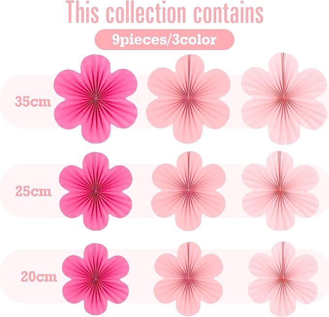 SUNBEAUTY Paper Flowers Decoration, Set of 9 - Hot Pink Paper Flower for Wall Hanging Ornaments, Party Fans & Floral Backdrop for Weddings Baby Showers Birthdays Valentine Mother's Day & More