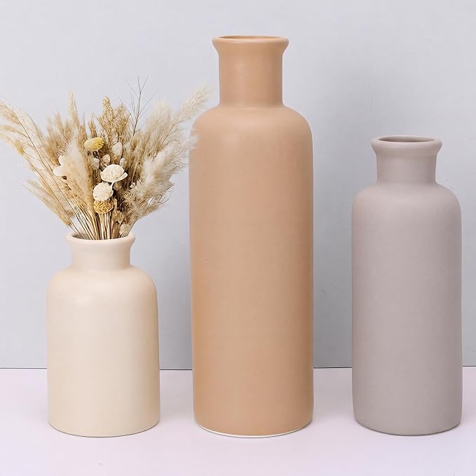 Ceramic Vase Set of 3, Brown Neutral Rustic Vases for Farmhouse Decor | Waterproof Farmhouse Vases for Pampas Grass & Dried Flowers, Rustic Vase for Table Bookshelf, Living Room