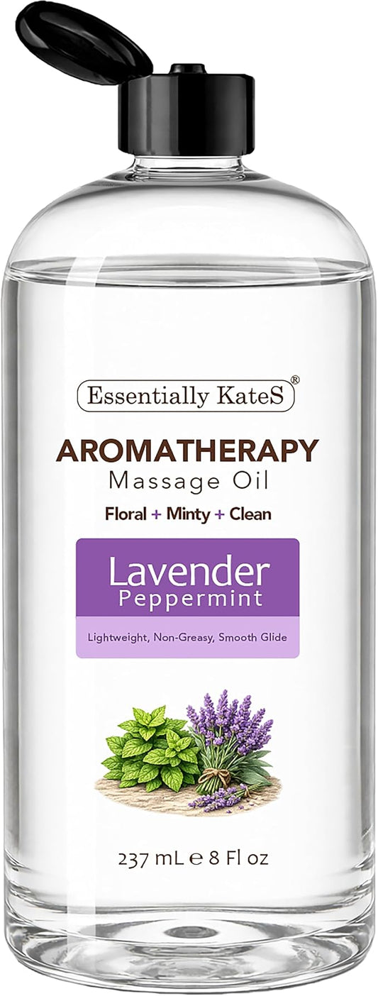 Aromatherapy Massage Oil – Lavender & Peppermint – Lightweight, Non-Greasy Body Oil with Fractionated Coconut Oil – Calming & Refreshing – 8 fl oz