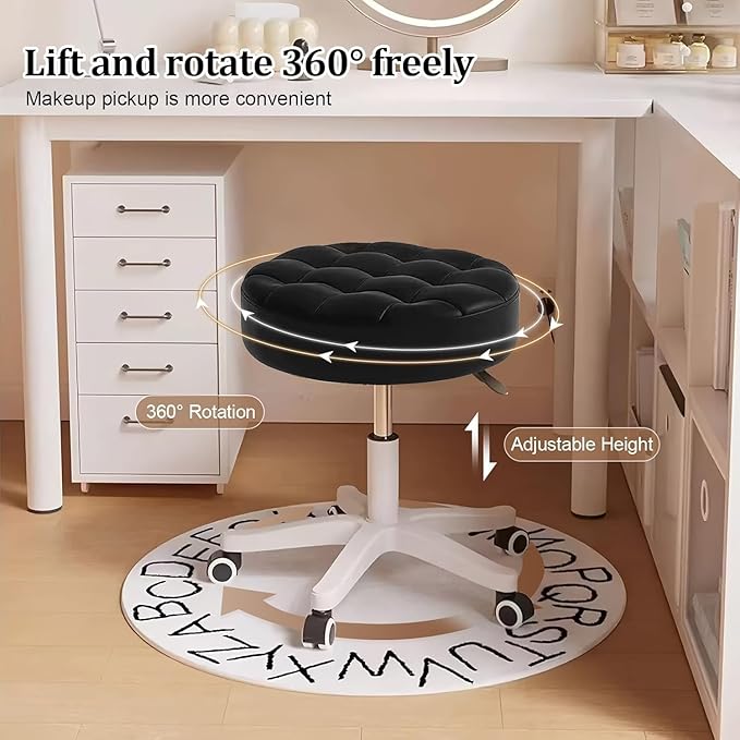 Small Rolling Stool with Wheels, PU Leather Height Adjustable Vanity Work Task Stool, 360 Swivel, Padded Seat Cushion, for Salon, Home, Office