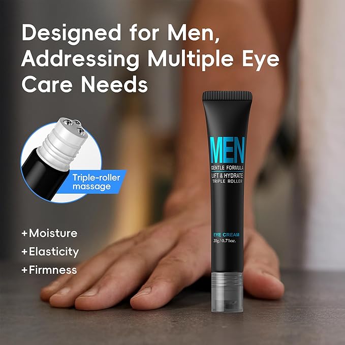 Men Eye Cream, Men's Under Eye Cream For Puffy Eyes & Dark Circles Treatment, Hydrating Triple-Roller Massage Designed, Firming, Soften Fine Lines, Cooling Stick For Puffiness Reducer 0.71oz.