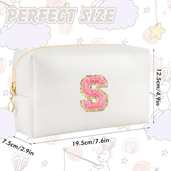 URSKYTOUS Initial Makeup Bag Personalized Preppy Travel Small Cosmetic Bag Cute PU White Chenille Letter Makeup Pouch for Purse Waterproof Zippered Toiletry Organizer for Women Girls Kids Friends (S)