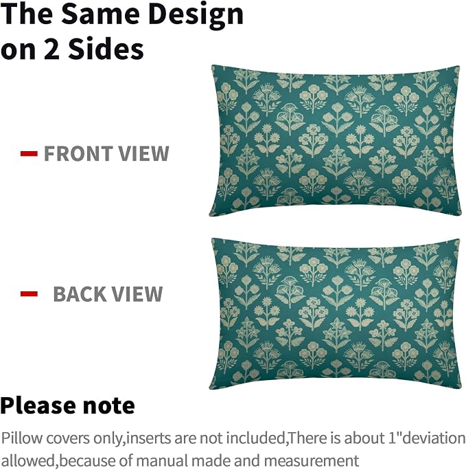 Teal Pillow Covers 12x20 Inch Set of 2, Cream Floral Block Print Pattern Lumbar Decorative Throw Pillowcases Outdoor Farmhouse Rectangle Cushion Covers Spring Summer Sofa Couch Bed Decor