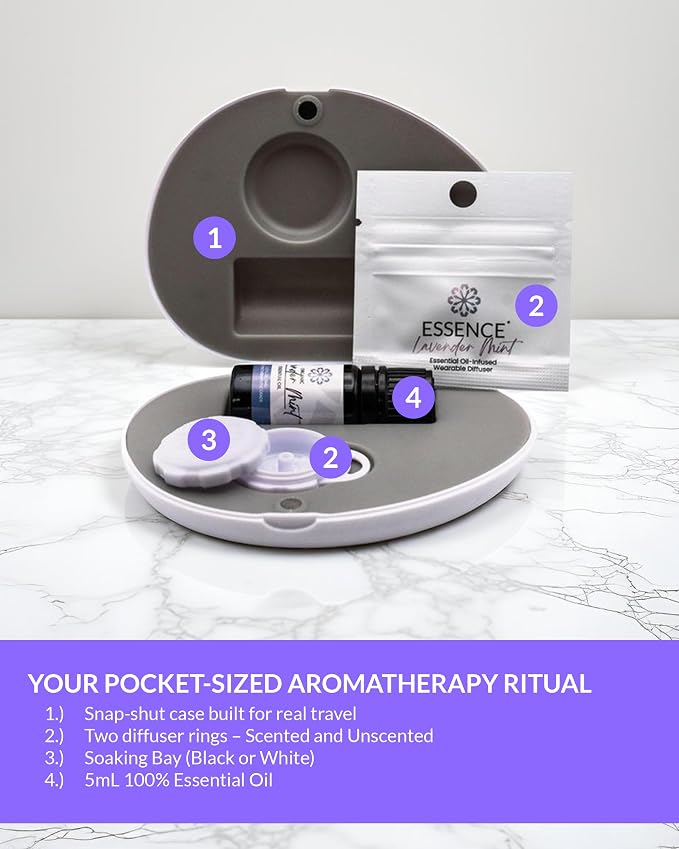 Essence Pearl Travel Case | Lavender Mint Essential Oil | Aromatherapy Nasal Diffuser & Essential Oil Carrying Case | Lavender & Peppermint Oil Blend | Travel-Friendly Kit | White Pod