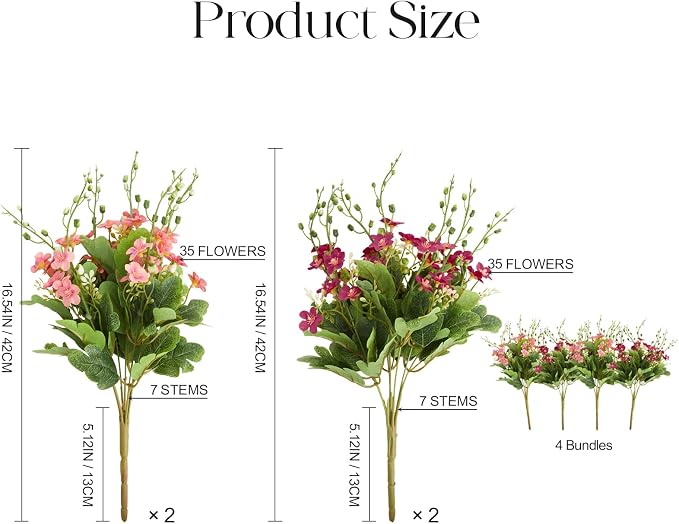 RM ROOMERS Artificial Flowers Plants for Outdoors, Fake Flowers Pink | Forget-me-not UV Resistant Faux Flower for Garden Porch Windowbox Front Door Yard, No Fade Home Table Vase Decor (4 Bundles)