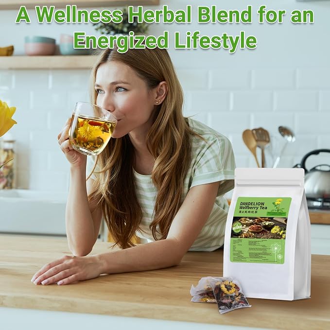 Dandelion Wolfberry Tea, Chinese Traditional 7 Natural Herbs Formula Blend Support Kidney & Liver Health Dandelion Root Tea Bags (1 Pack/12 Bags)