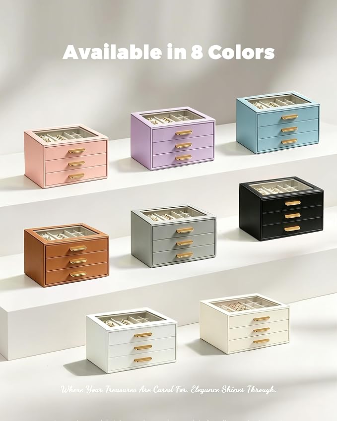 Homeanda Jewelry Boxes Organizer with Glass Lid, 3-Layer PU Leather, Black | Modern style display case with 3 drawers for daily jewelry, women, mom or girl gift