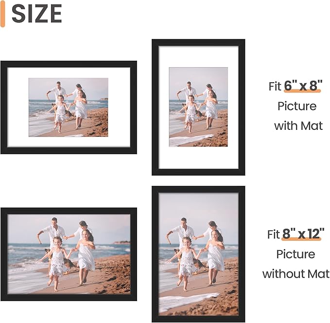 upsimples 8x12 Picture Frame, Gallery Wall Frames Set of 5, Black | Photo Frame Collage Wall Decor, 6x8 Picture Frame with Mat for Family, Baby, Hallway, Christmas