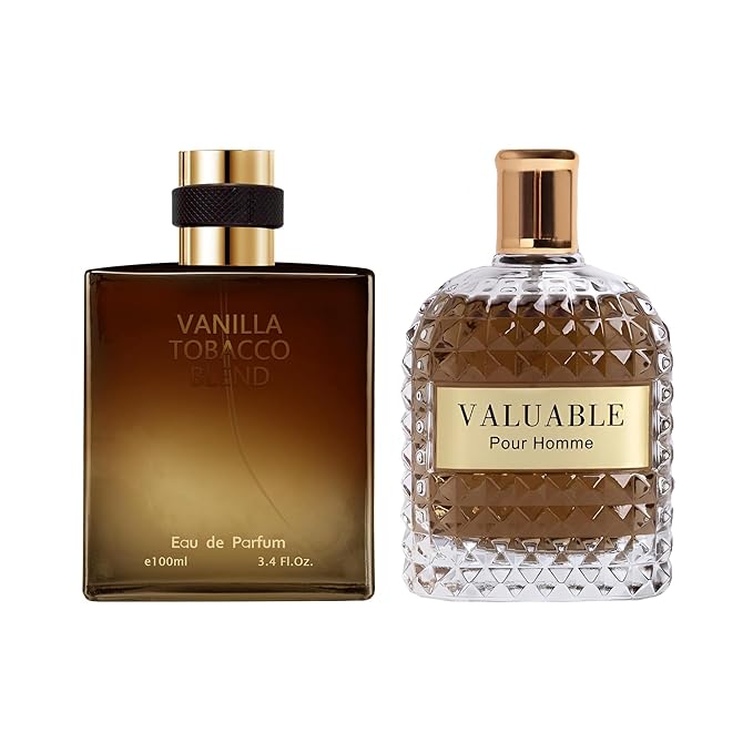 AFLUXE 2PCS Mens Perfume Cologne Long Last Strong EDP Natural Spray Gift Set, with Cocoa, Dried Fruits, Woody Fragrance for Daliy Use, 3.4 Fl Oz / 100 mL Each (Valuable & Vanilla Tobacco)