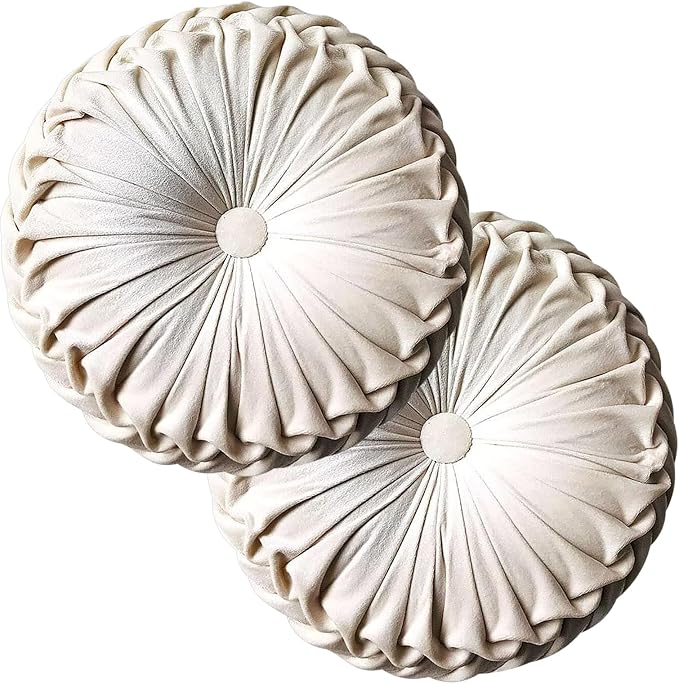 Teieas 2 Pcs Round Throw Pillows Decorative Velvet Pleated Bed Pillows | Beige vintage floor pillows,back support for couch,chair,dorm,car,sofa,home decor 14.96 in