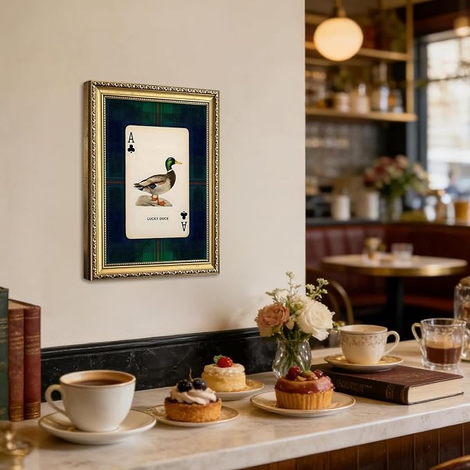 Gold Framed Vintage Mallard Duck Wall Art, Hunting Lucky Duck Wall Decor Picture Dark Wildlife Playing Card Canvas Print Painting for Farmhouse Bedroom Living Room 12x16 inch