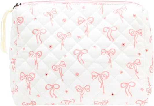 Quilted Makeup Bag Large Travel Zipper Soft Cosmetic Pouch for Women Girls Make Up,Bow Pink