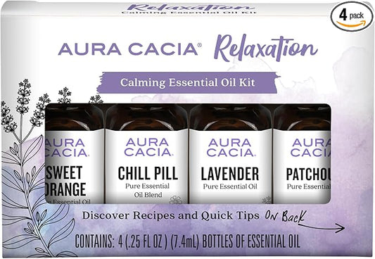 Aura Cacia Essential Oil Relaxation Kit, 4-Pack, Lavender, Patchouli, Sweet Orange, Chill Pill