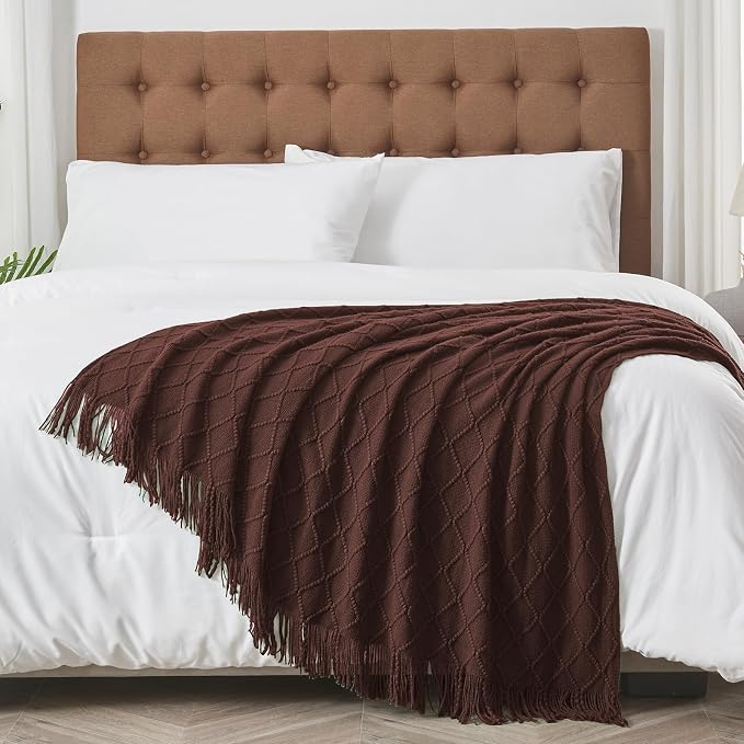 inhand Diamond Brown Knitted Throw Blanket for Couch and Bed, 50"x60" | Soft Cozy Knit Blanket with Tassel, Lightweight Decorative Blankets and Throws, Farmhouse Warm Woven for Men and Women