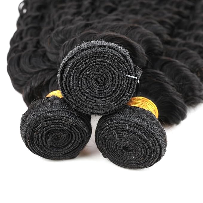 Human Hair Bundles Brazilian Deep Wave Human Hair 3 Bundles Weaves 12 14 16inch 100% Unprocessed Virgin Human Hair Curly Water Wave Wet and Wavy Weave Raw Bundles Deals Natural Black