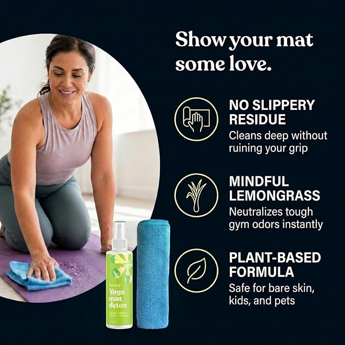 ASUTRA Yoga Mat Cleaner Spray (Mindful Lemongrass), 4 fl oz - No Slippery Residue, Organic Essential Oils Deep-Cleansing for Fitness Gear & Gym Equipment, Microfiber Towel Included