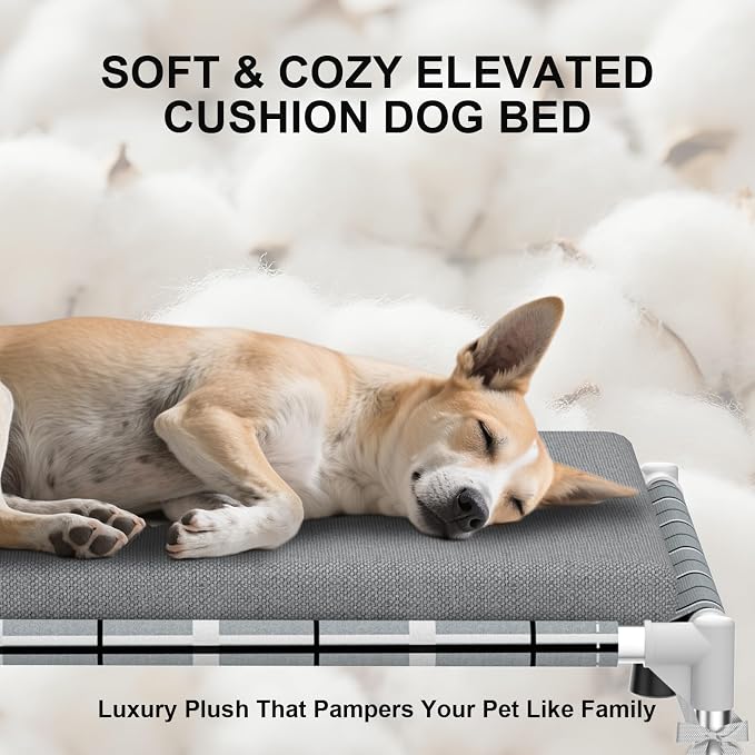 Elevated Dogs Bed with Cushion, Raised Cooling Lifted Outdoor Dog Mat Beds | Medium Large Portable Lifted Pet Cot Stainless Steel Frame Indoor Outside Breathable Hammock Beds