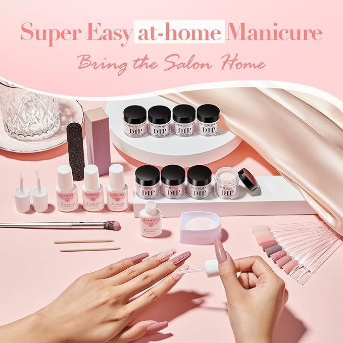 AZUREBEAUTY 30Pcs Dip Powder Nail Kit Starter with Nail Sticks, Translucent Jelly Nude Pink Gary 8 Colors Dipping Liquid Set Added Matte Top Coat Recycling Tray for Manicure Salon DIY Home