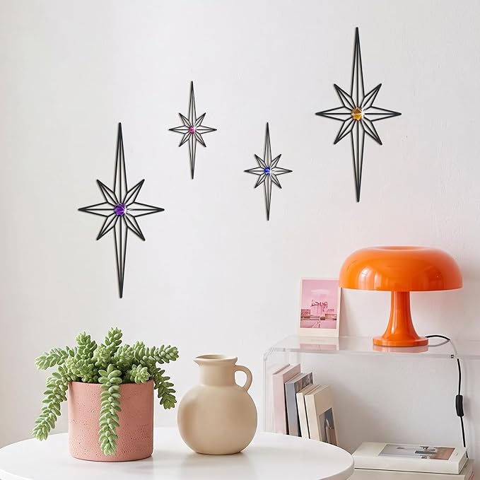 sxnzequnze 4 Pcs Star Wall Art for Home Decor Living Room Bedroom Office Metal 3D,Bling,with Hanging Hook Starburst Midcentury Sculpture Retro Gallery Accent Celestial -Black 16.5in/9.4in