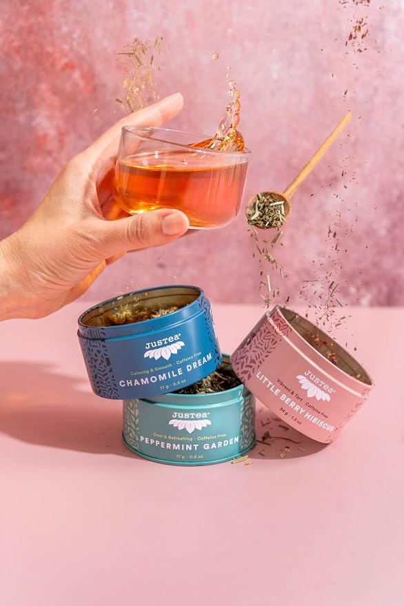 JusTea Herbal Tea Trio | Stacking Tins Variety Pack with Hand Carved Tea Spoon | Loose Leaf | Caffeine Free | Award-Winning | Fair Trade | Non-GMO
