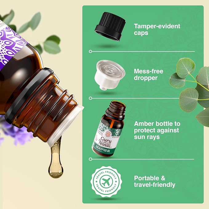 GuruNanda Essential Oils Set (Pack of 8 x 0.5 Fl Oz) - Pure, Natural Frankincense, Lavender, Eucalyptus & Orange Aromatherapy Oils for Diffusers, DIY & Home Use