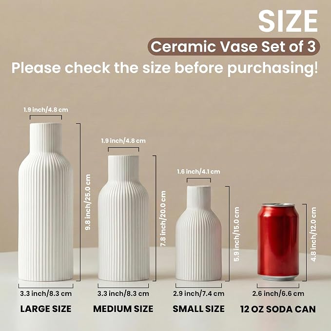 White Ceramic Flower Vase Set of 3 Matte Ribbed Waterproof | Waterproof interior for fresh or dried pampas. Minimalist centerpiece for living room, entryway, office, or wedding