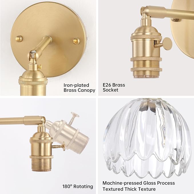 Shenmoyl Vintage Battery Operated Wall Sconce with Clear Tulip Glass Lampshade 5000 mAh Rechargeable Battery Powered Wall Light with Remote Control for Bedside Bedroom Doorway, Set of 2