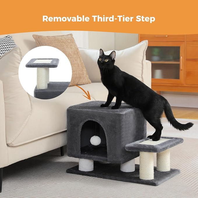 3-in-1 Cat Stairs with Scratching Post & Condo, Pet Steps, Dark Grey | Pet Steps for High Beds, Sofa, Couch, Tall Cat Tower, High-Strength Boards for Indoor Small Cats Kittens Dogs Climbing Play