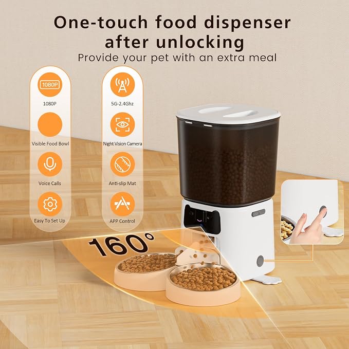 Petrice Automatic Cat Feeder with Camera for 2 Cats, 6L WiFi Smart Pet Feeder with APP Control, 1080P HD Video, Voice Call, Motion Detection, Dual Power Supply, for Dogs Cats, Small-Pet (White, 6L)