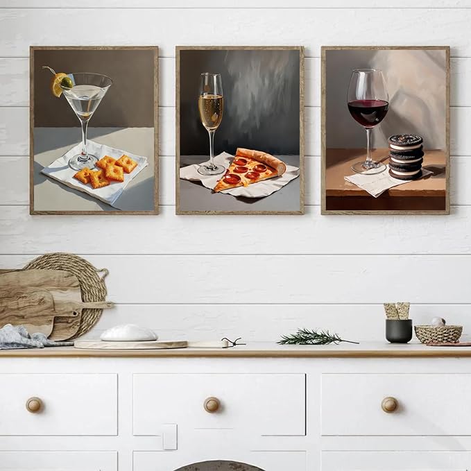 Set of 6 Quirky Cocktail Poster Martini and Cheese Crackers Cocktail Posters Retro Bar Cart Accessories Wall Art Red Wine Canvas Room Decor Pictures for Apartment Dorm Kitchen Unframed 8x10 inch