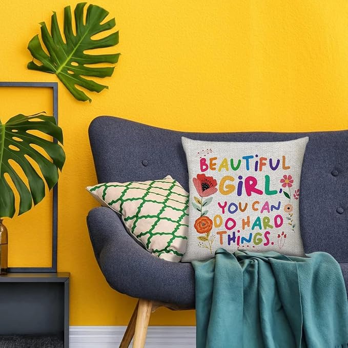 Littlefa Beautiful Girl You Can Do Hard Things Decorative Pillow Cover | Beautiful Girl You Can Do Hard Things Inspirational Pillow Case, Motivational Colorful Pillow Cover for Girls Teens Kids