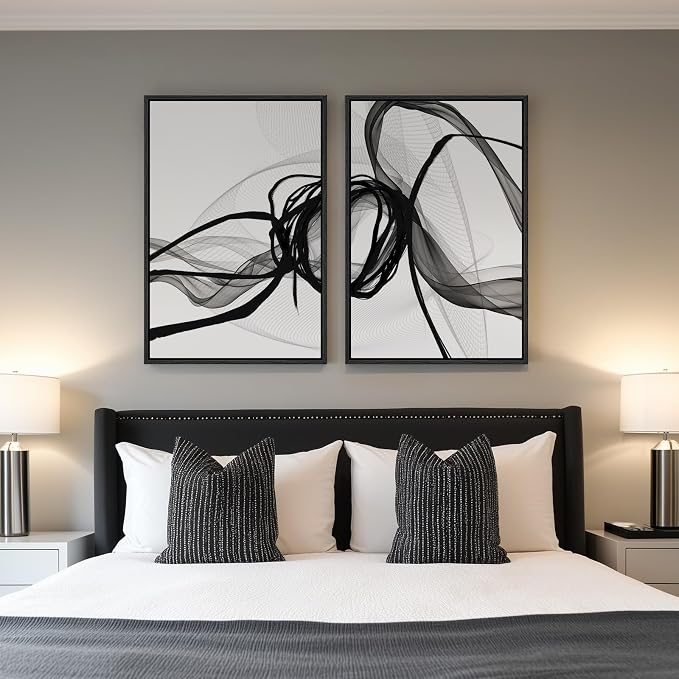 Large Framed Black and White Abstract Wall Art for Living Room, Set of 2 Modern Canvas Prints Paintings Artwork for Walls, Minimalist Lines Pictures for Dining Room Bedroom Office Wall Decor 24x36 In