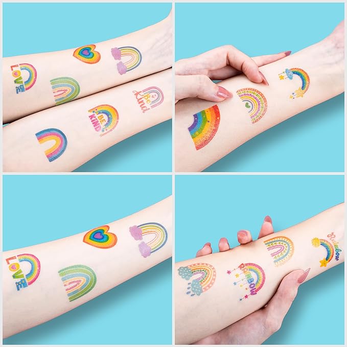 96 PCS Rainbow Pastel Rainbow Pre-Cut Temporary Tattoos for Kids | Super Cute Themed Birthday Party Favors, Supplies, Decorations, Colorful Fake Tattoo Stickers (Multiple)