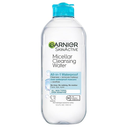 Garnier Micellar Water For Waterproof Makeup, Hydrating Facial Cleanser & Makeup Remover, Suitable for Sensitive Skin, Vegan, Cruelty Free, 13.5 Fl Oz (400mL), 1 Count