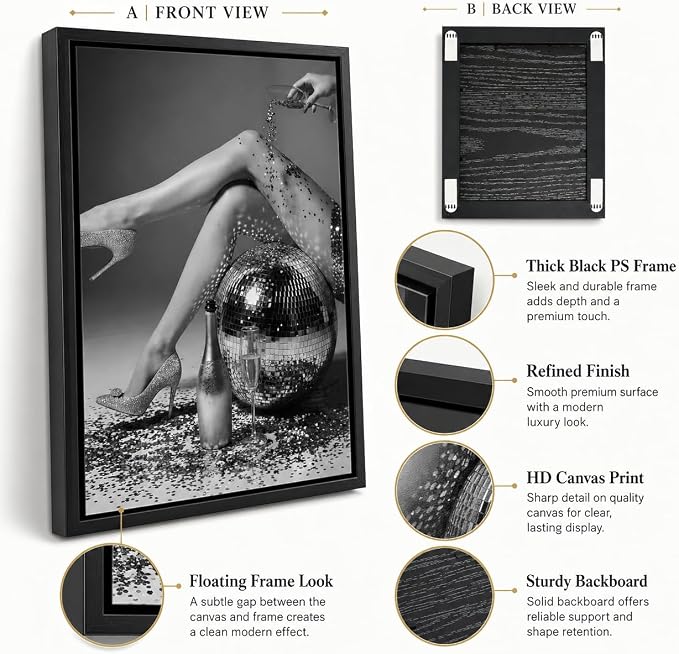 Framed Black and White Fashion Canvas Wall Art Trendy Women Disco Ball High Heels Wine Glass Picture Wall Decor Luxury Feminist Poster Print for Girl Bedroom Bar Cart Dorm Home Decoration 12x16in