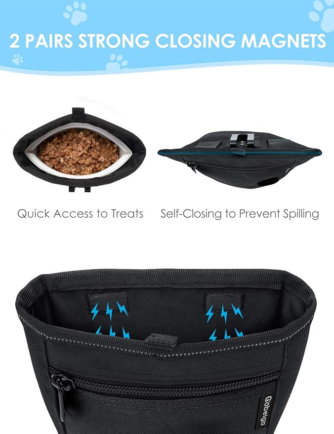 Gobeigo 2 Cup Dog Treat Pouch with Silicone Insert Bag& Clicker(Raven) | 2 Pair Magnetic Closures, Zipper Pocket with Poop Bag Holder, Waist Belt & Metal Clip to Wear for Pet Training/Daily Walking