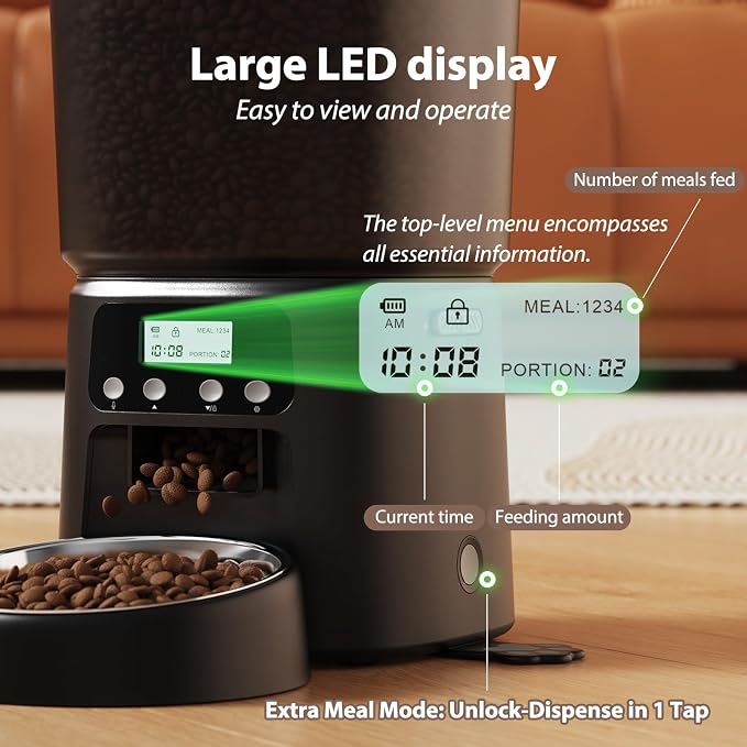 Petrice Automatic Cat Feeder, 4L/16Cups Cat Food Dispenser with Stainless Steel Bowl Programmable 30 Portions 6 Meals per Day, Timed Pet Feeder for Kitty Small Dogs with 10S Voice Record, Black