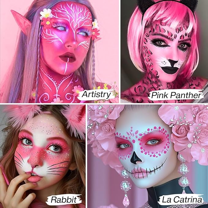 Pink Face Body Paint Cream to Powder Foundation Makeup, Pro Multi-Use Face Painting & Cream Blush for Pink Halloween FX Makeup, Non Toxic Washable Long Last Facepaint for Skull, Goth, Parties, Cosplay